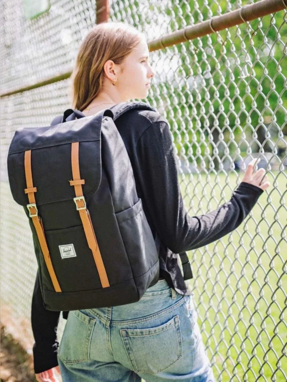 Hershel Retreat Backpack in Black Brown Saddle Canvas with Interior Red Stripe